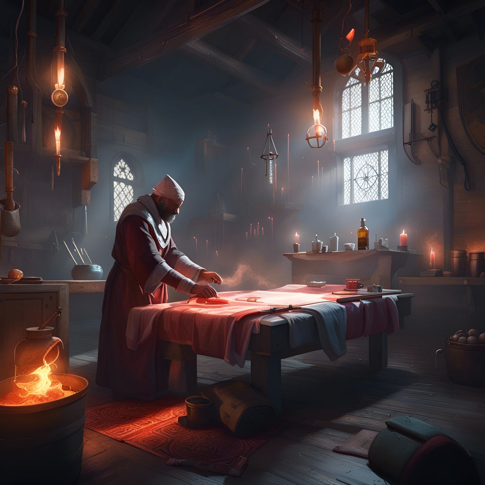 Samite Healer in Medieval Medicine Room