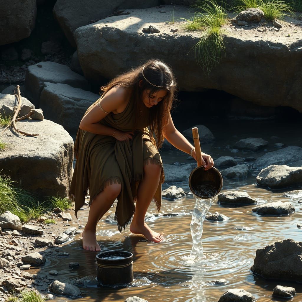 Ancient High Priestess Collects Water for Sacred Ritual