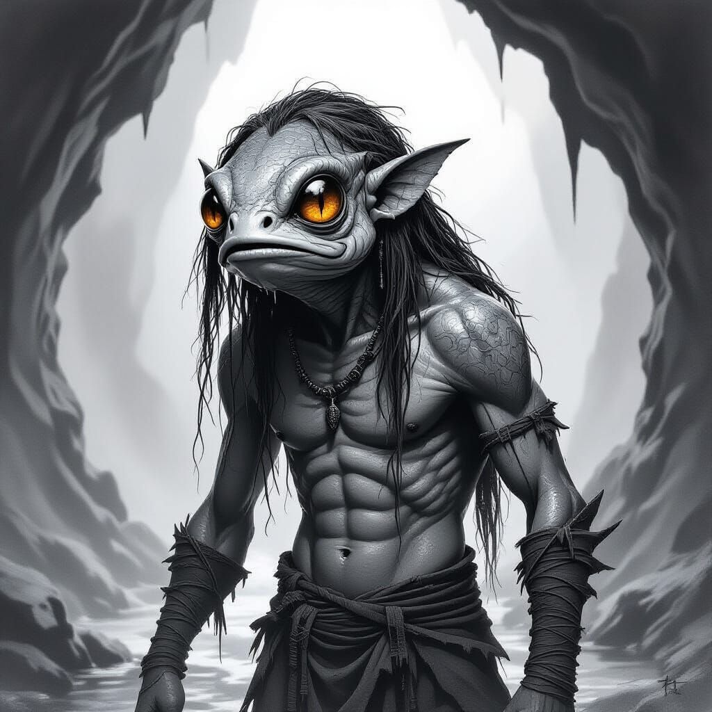 Medieval Graphite Sketch of a Fish Humanoid