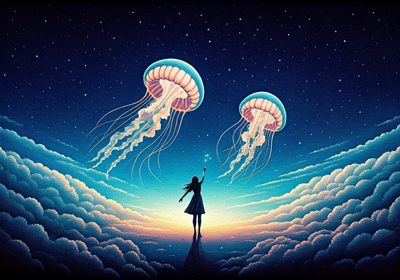 Pointillist Woman Catching Jellyfish in Starry Night