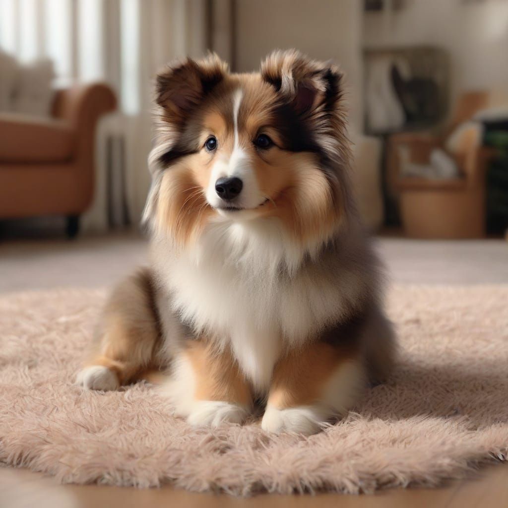 Adorable Sheltie Puppy Sits on Rug in Digital Matte Painting...