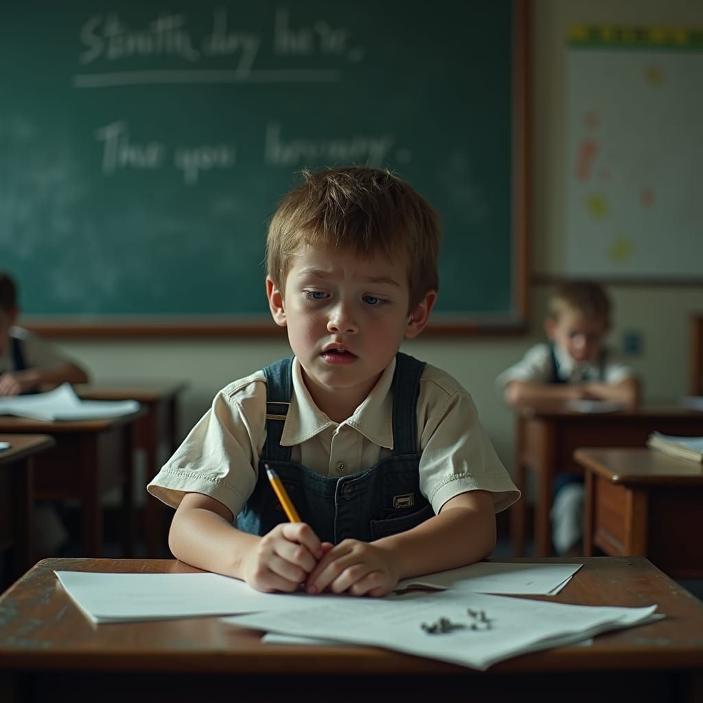 Boy's Struggle: Cinematic Classroom Scene