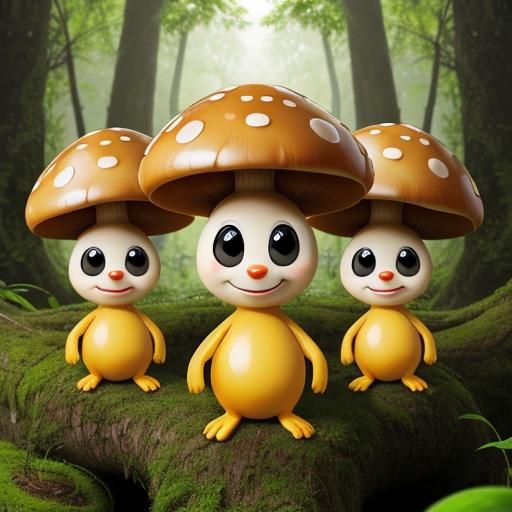 Cute Anthropomorphic Mushrooms in Lush Ancient Forest