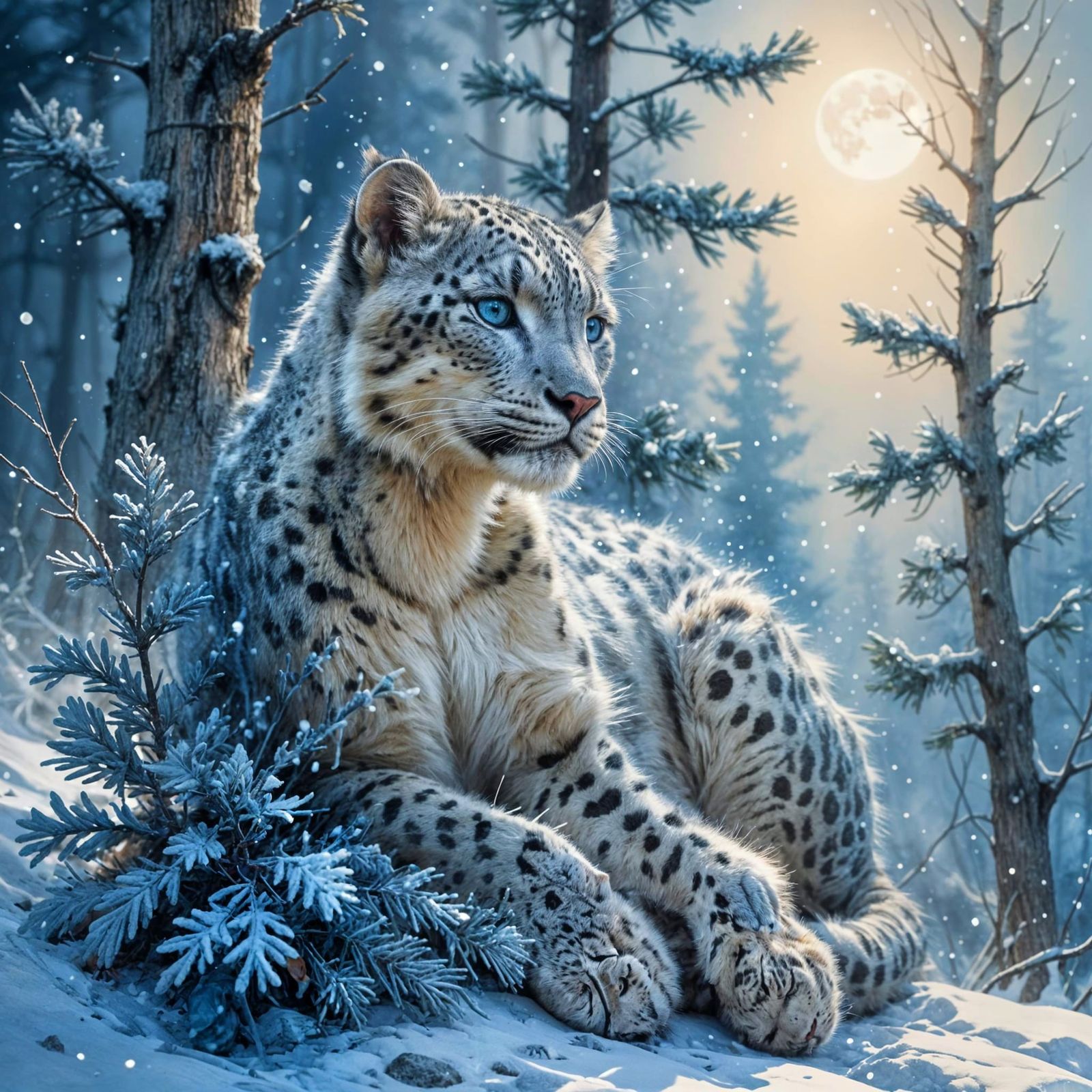 Snow Leopard Cub on Moonlit Ridge in Digital Painting