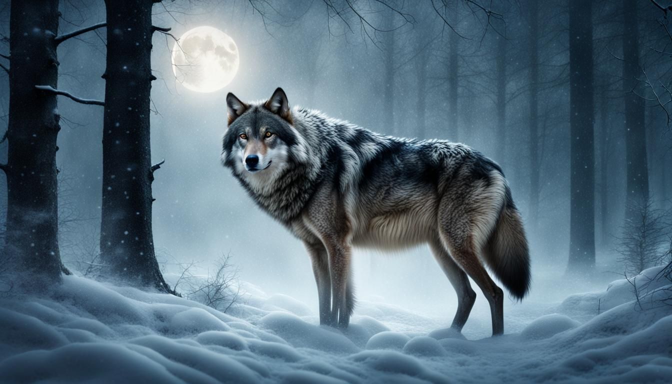 Lone Wolf in Winter Forest: Digital Matte Painting