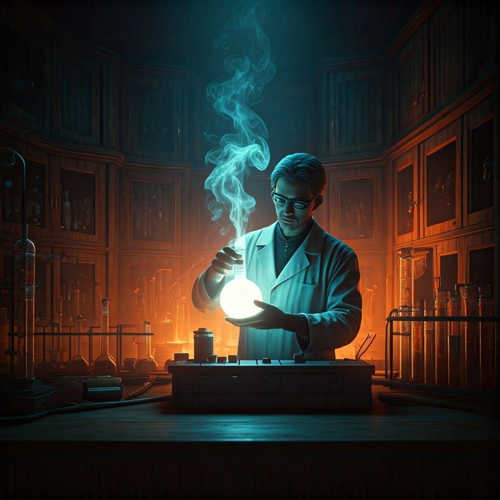 Chemist Handles Glowing Beaker, Fantasy Concept Art
