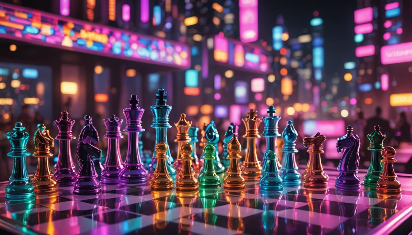 Futuristic Neon Chess in Cyberpunk Cityscape
