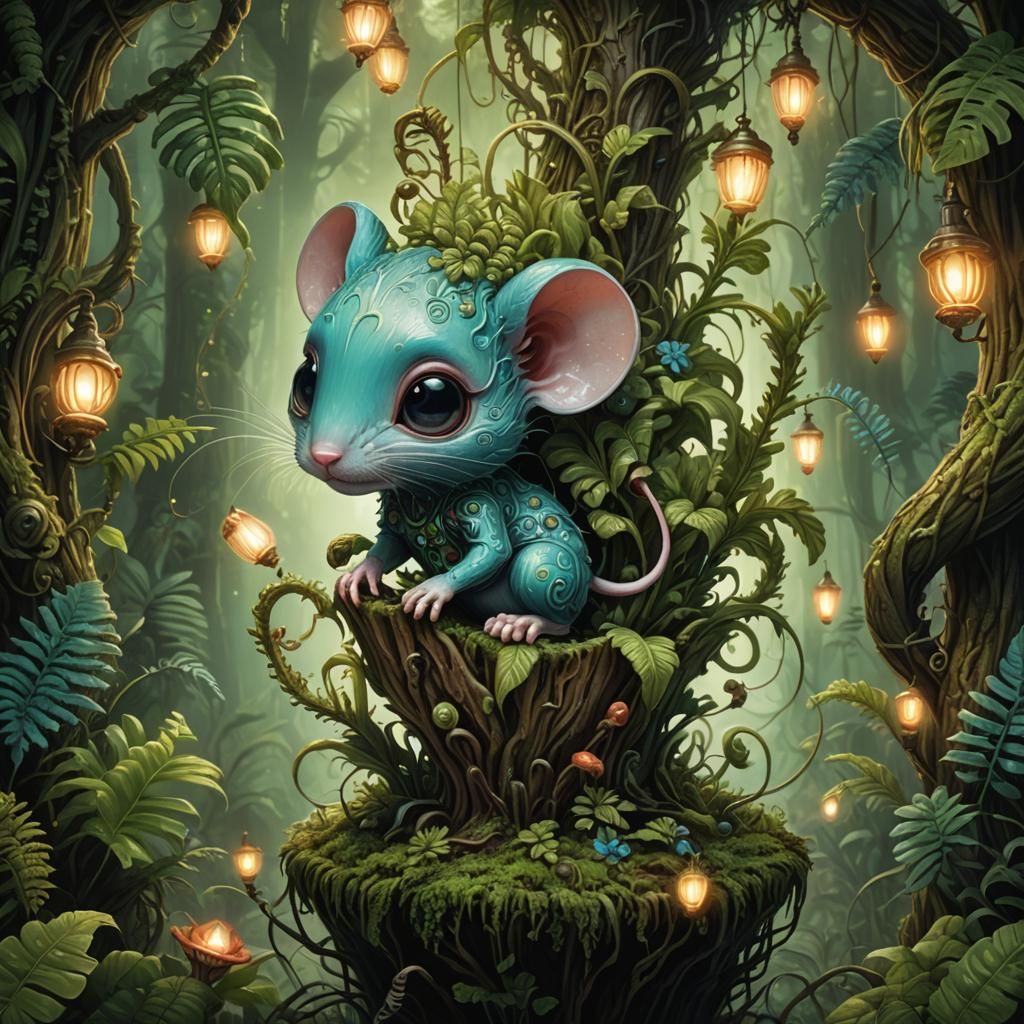 Aqua Chibi Mouse Merges with Biomechanical Fern