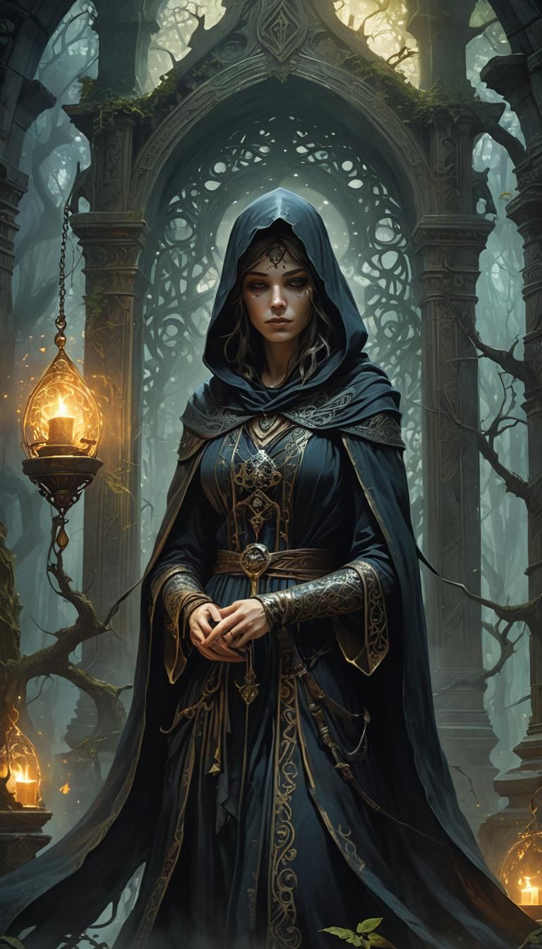 Sorceress Conjures Spell in Dark Fantasy Art