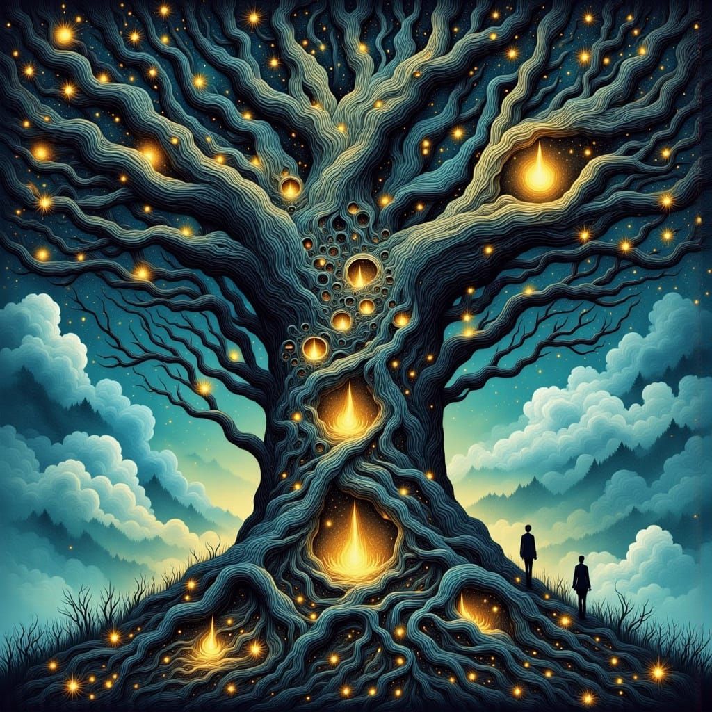 A majestic, ancient tree with bark resembling intricate cloc...