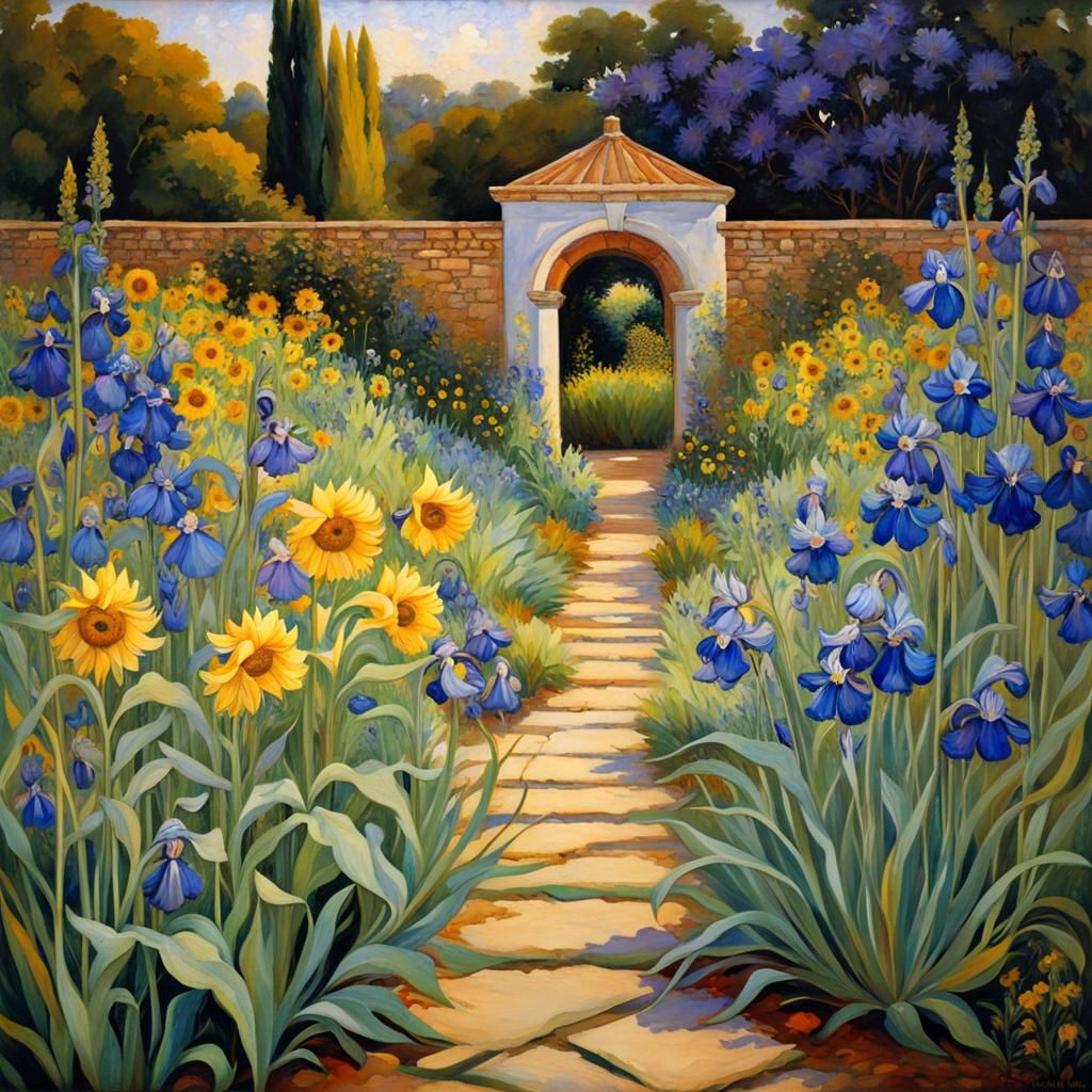 Garden Path with Irises and Sunflowers