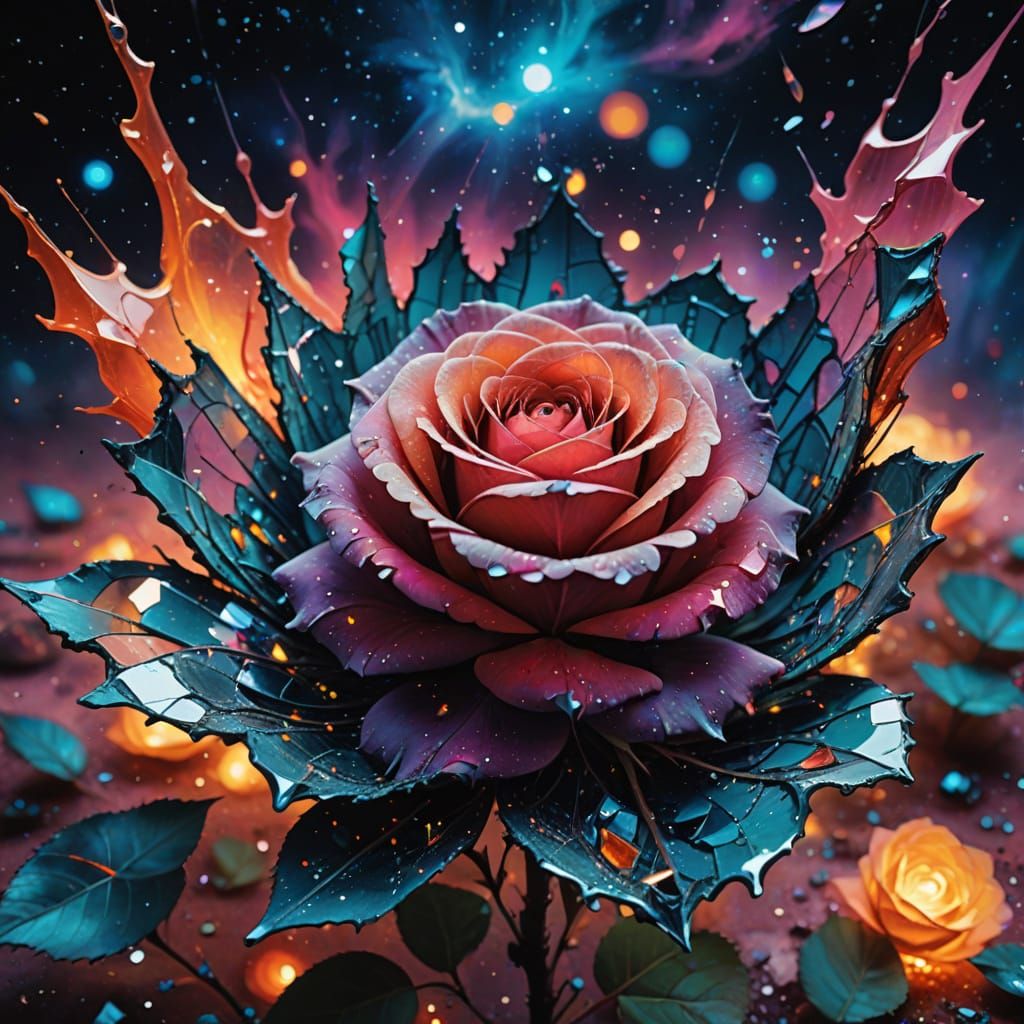 Surreal Galaxy Rose with Cracked Glass