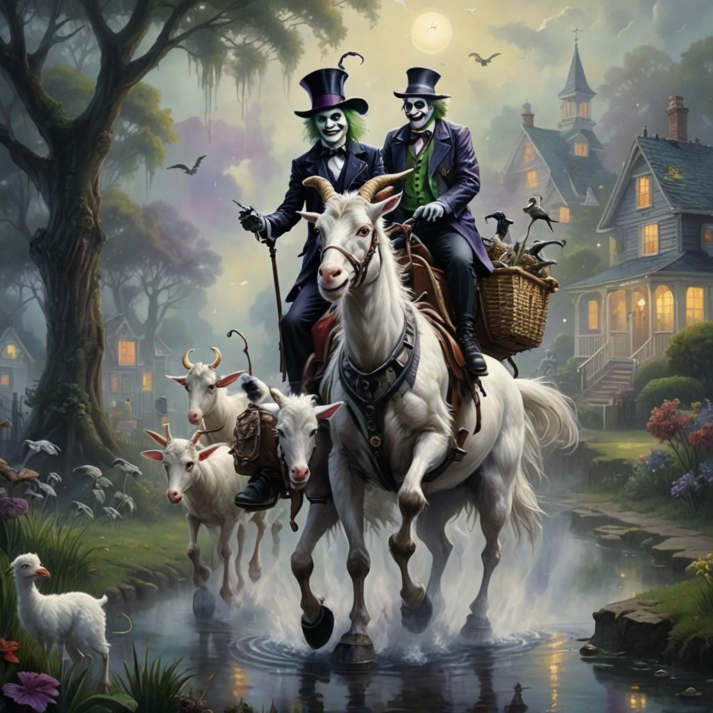 Beetlejuice Rides a Goat in Ethereal Fantasy