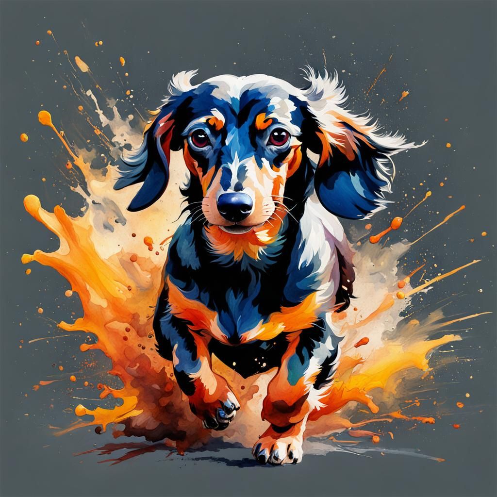 Vibrant Disintegrating Dachshund: A Digital Watercolor