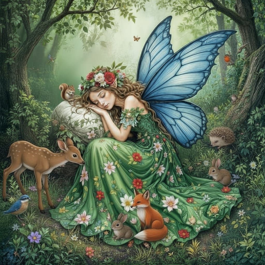 Fairy Sleeping Peacefully with Forest Animals