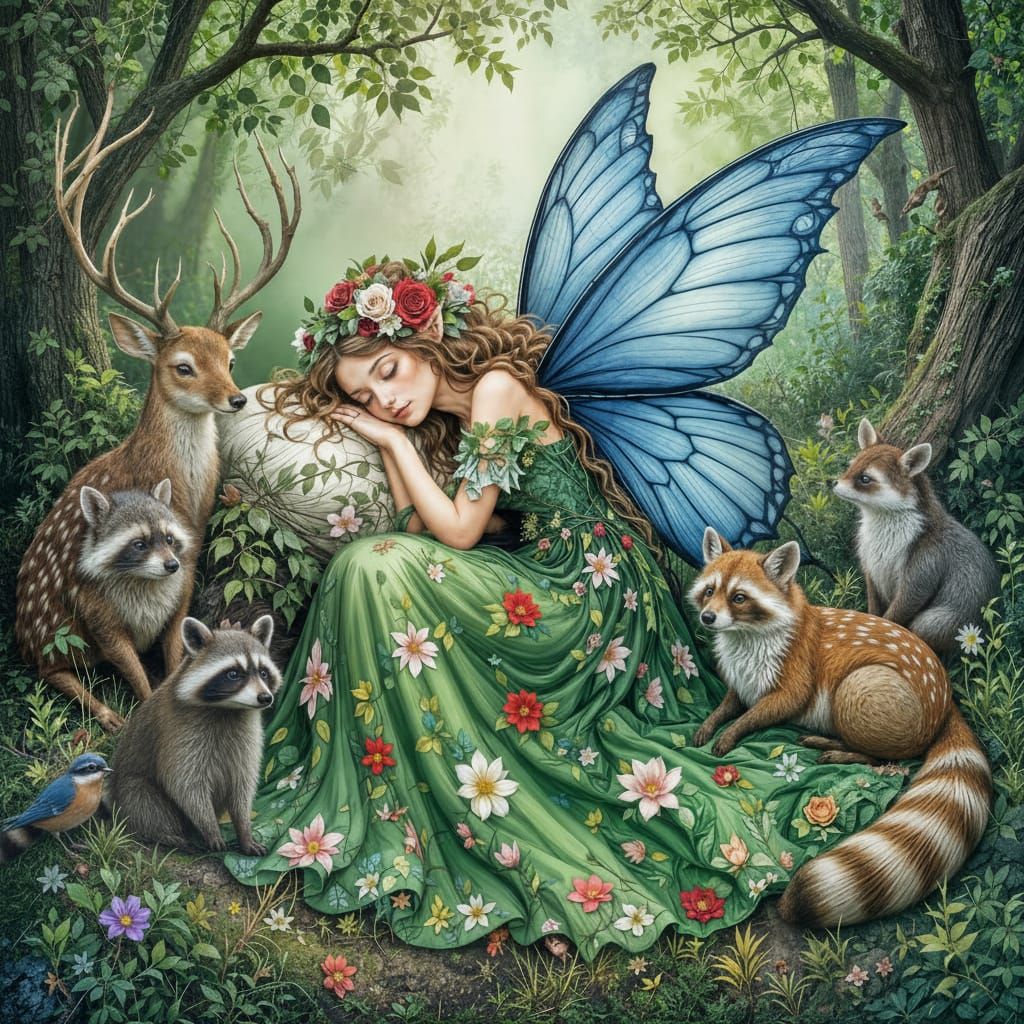 Fairy Sleeping in Leaves with Animals, Cobalt Blue Wings