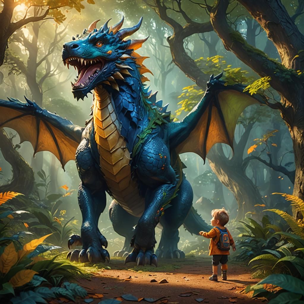 Toddler and Dragon-Dog Playing in Lush Forest