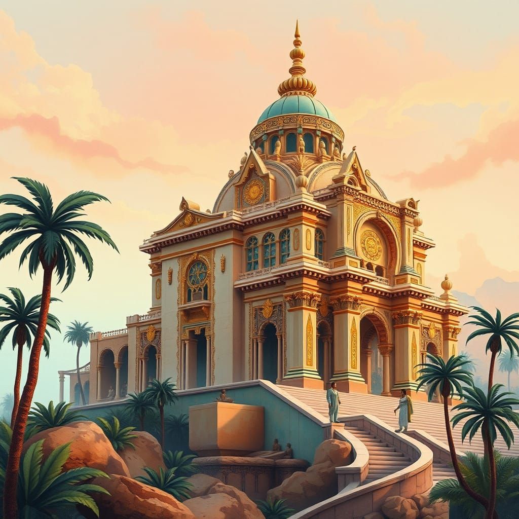Surreal Art Nouveau Temple in Luxurious Gold and Blue