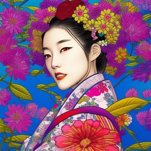 Beautiful Japanese Woman in Kimono with Rainbow Flowers