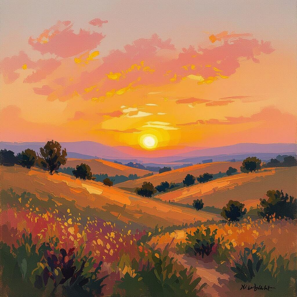Warm Sunset Landscape in Impressionist Style