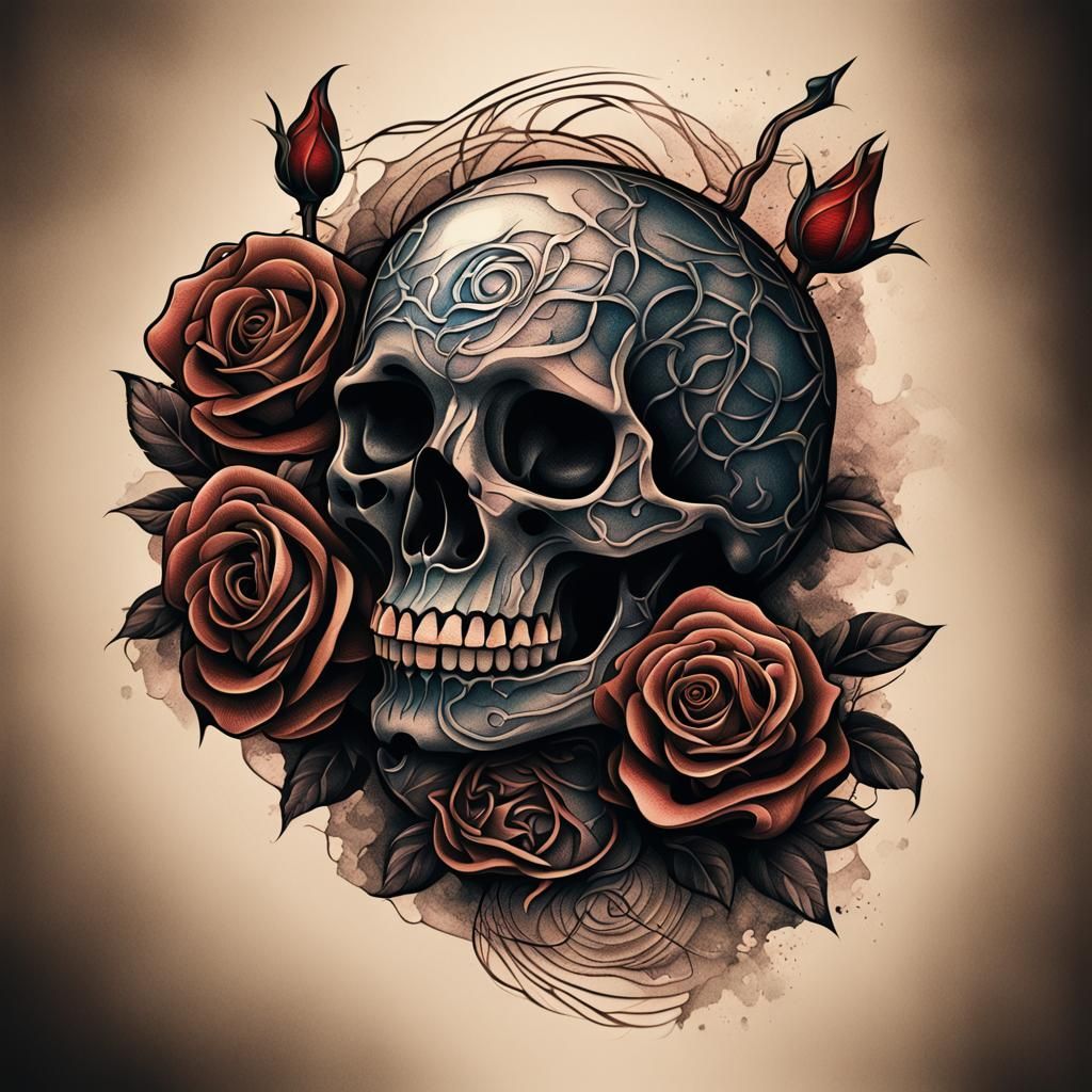 Bold Rose and Skull Tattoo Design in Dark Fantasy Style