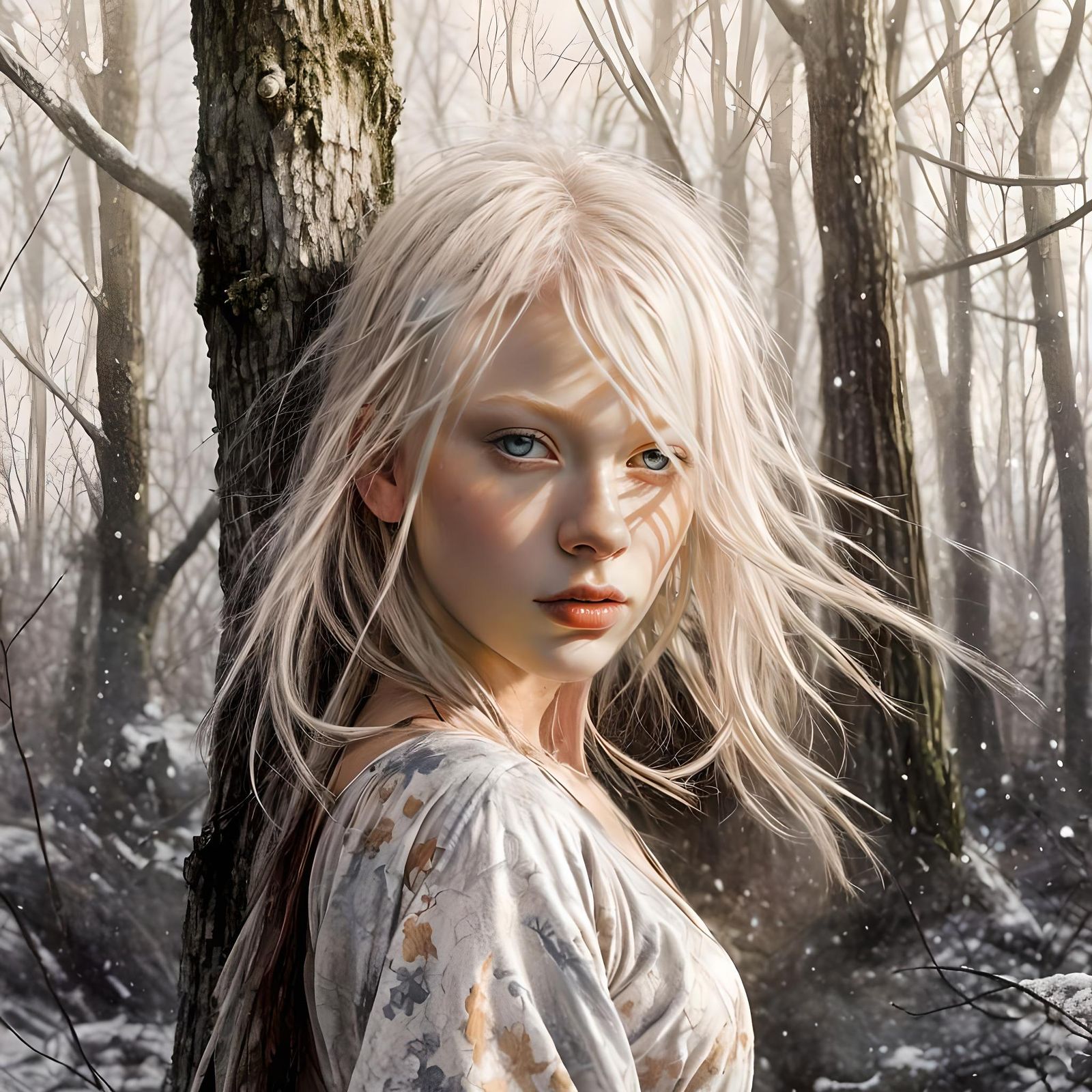 Albino Girl Lost in Snowy Woods, Hyperrealistic Art