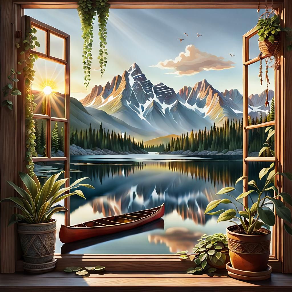 Picturesque Lake View Through Window at Sunset