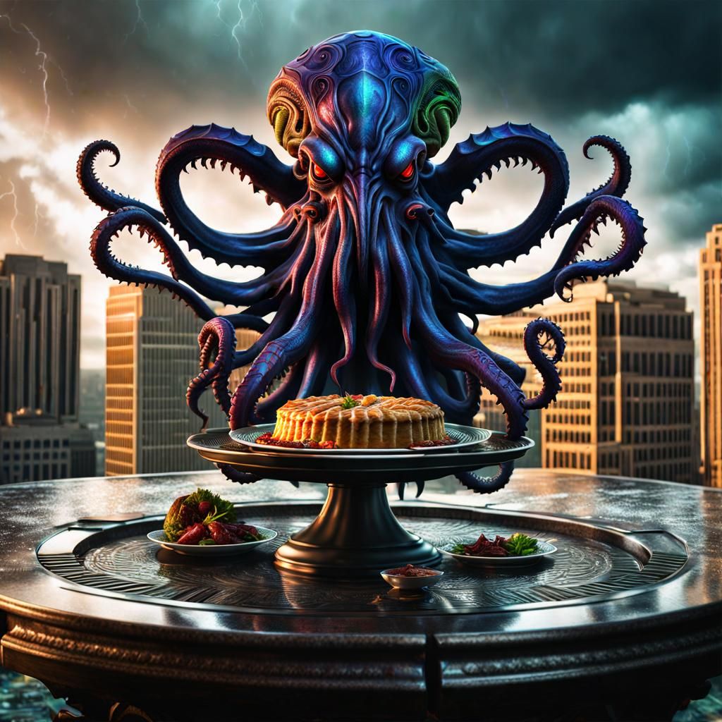 Art Deco Cthulhu Pie in Vivid Oil Painting