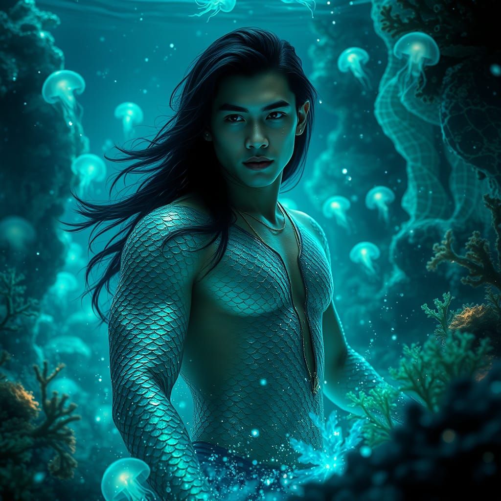 Merman of the Oceanic Depths in a Dreamlike Cyberpunk Aesthe...