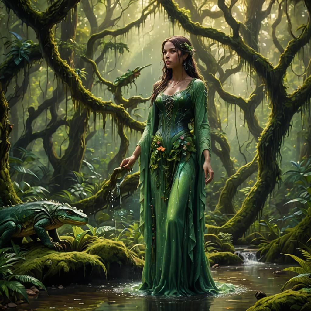 Woman in Forest with Reptile: Oil Painting
