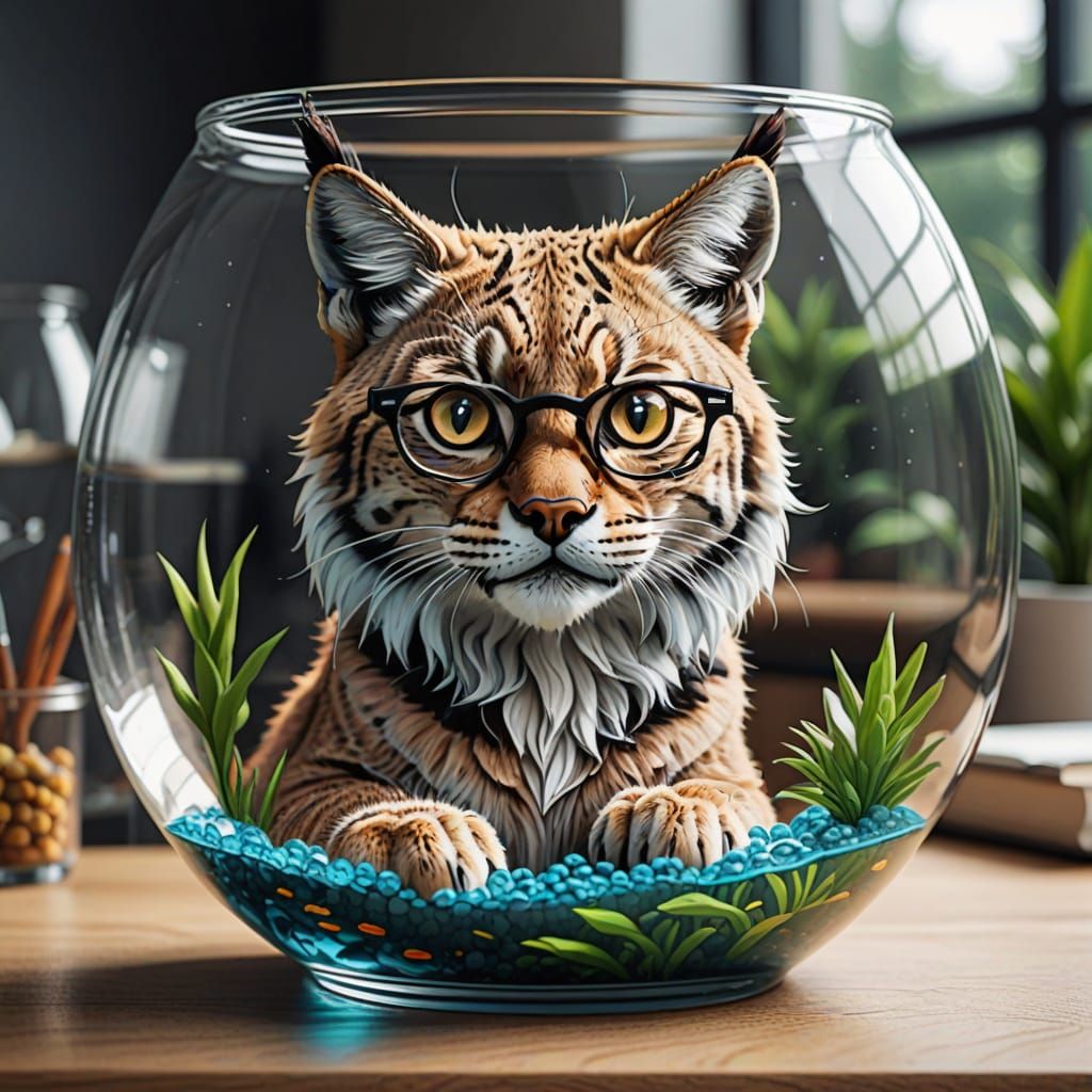 Whimsical Lynx in Spectacles within a Fishbowl Scene