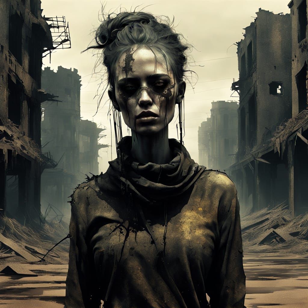 Post-Apocalyptic Punk Girl in a Ruined Cityscape