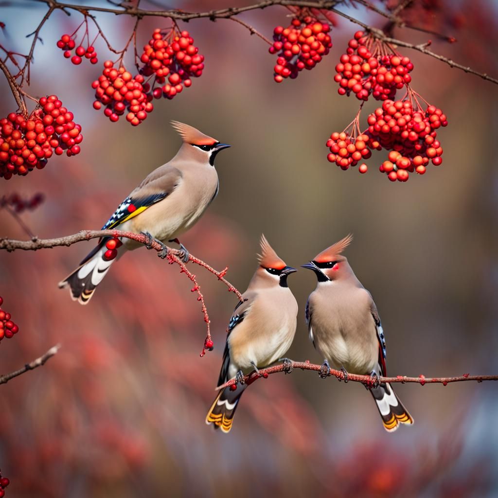 Bohemian Waxwings in Rowan Tree: Sharp Focus