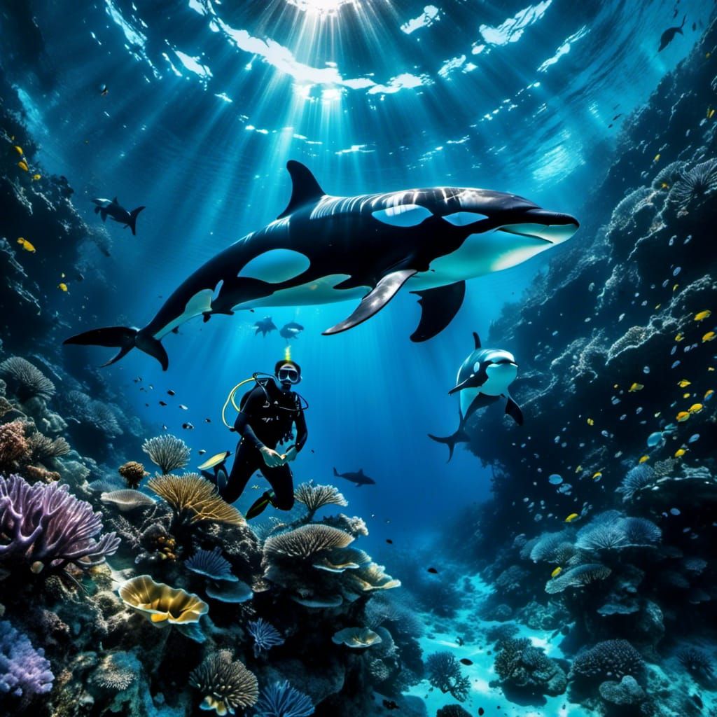 Scuba Diver and Orca Whale Underwater