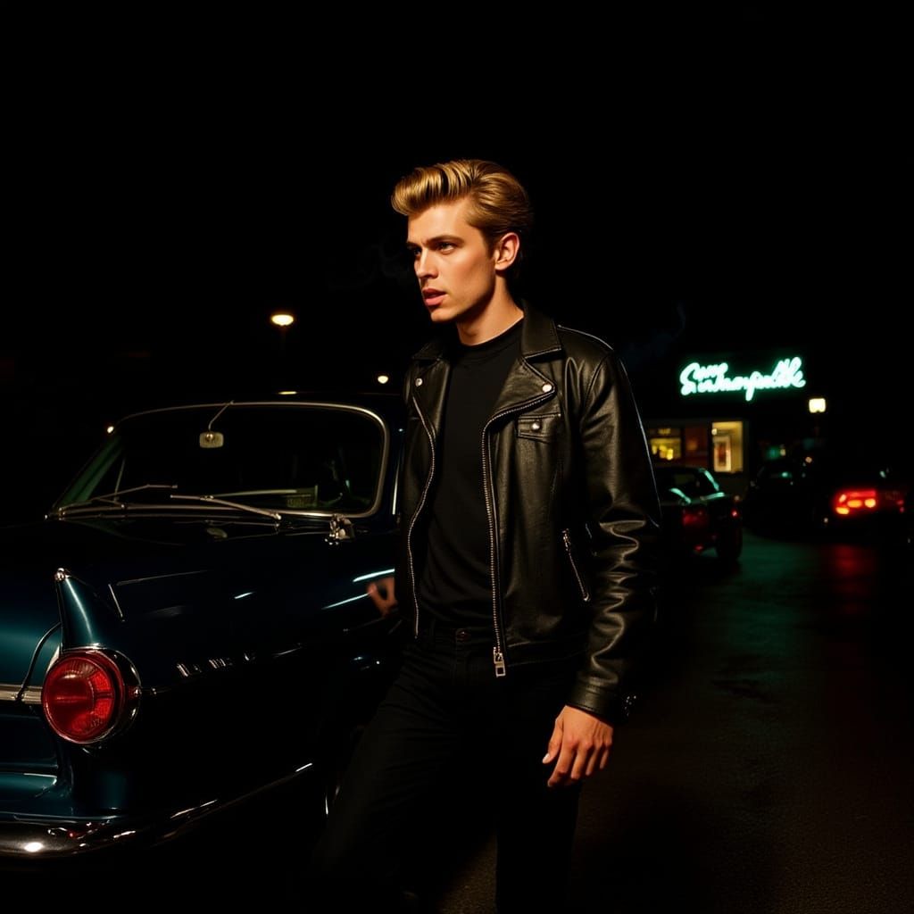 Greaser in Diner Parking Lot: 1950s Style Photograph