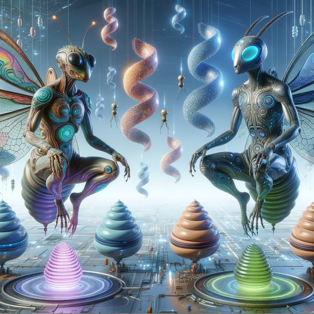 Futuristic Cityscape with Iridescent Alien Beings