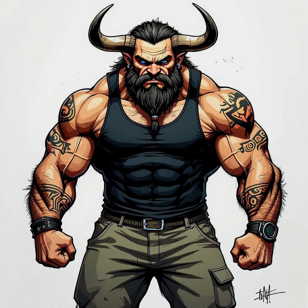 Shadowrun Troll Bodybuilder With Horns and Tattoos