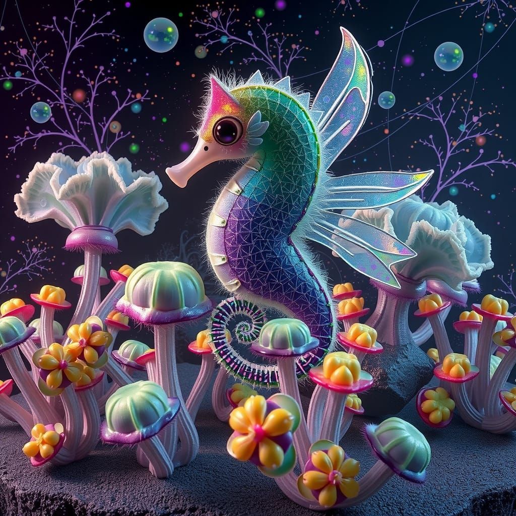 Teeny Tiny Rainbow Seahorse in Dreamlike Alien Landscape