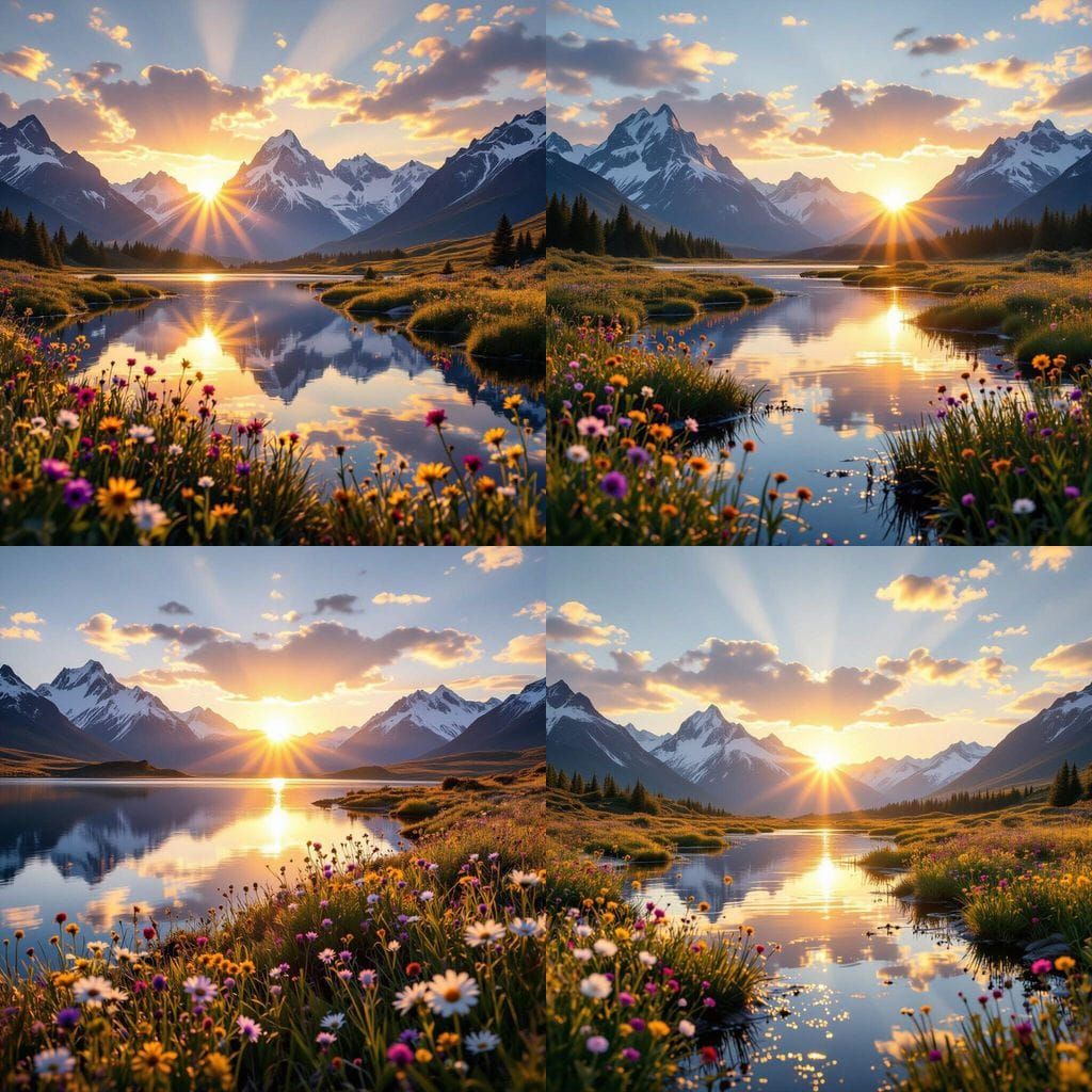 Golden Sunrise Over Reflecting Mountains and Wildflowers