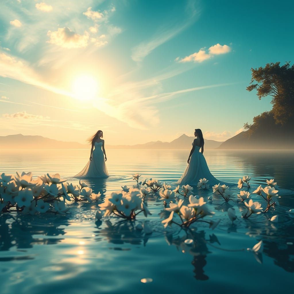 Mystical Goddesses on Serene Lake at Dawn