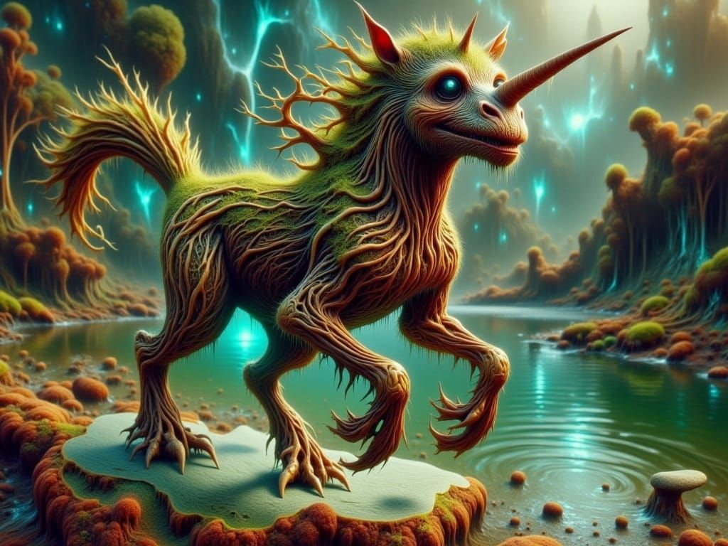 Groot-Unicorn Hybrid in Enchanted Forest Setting