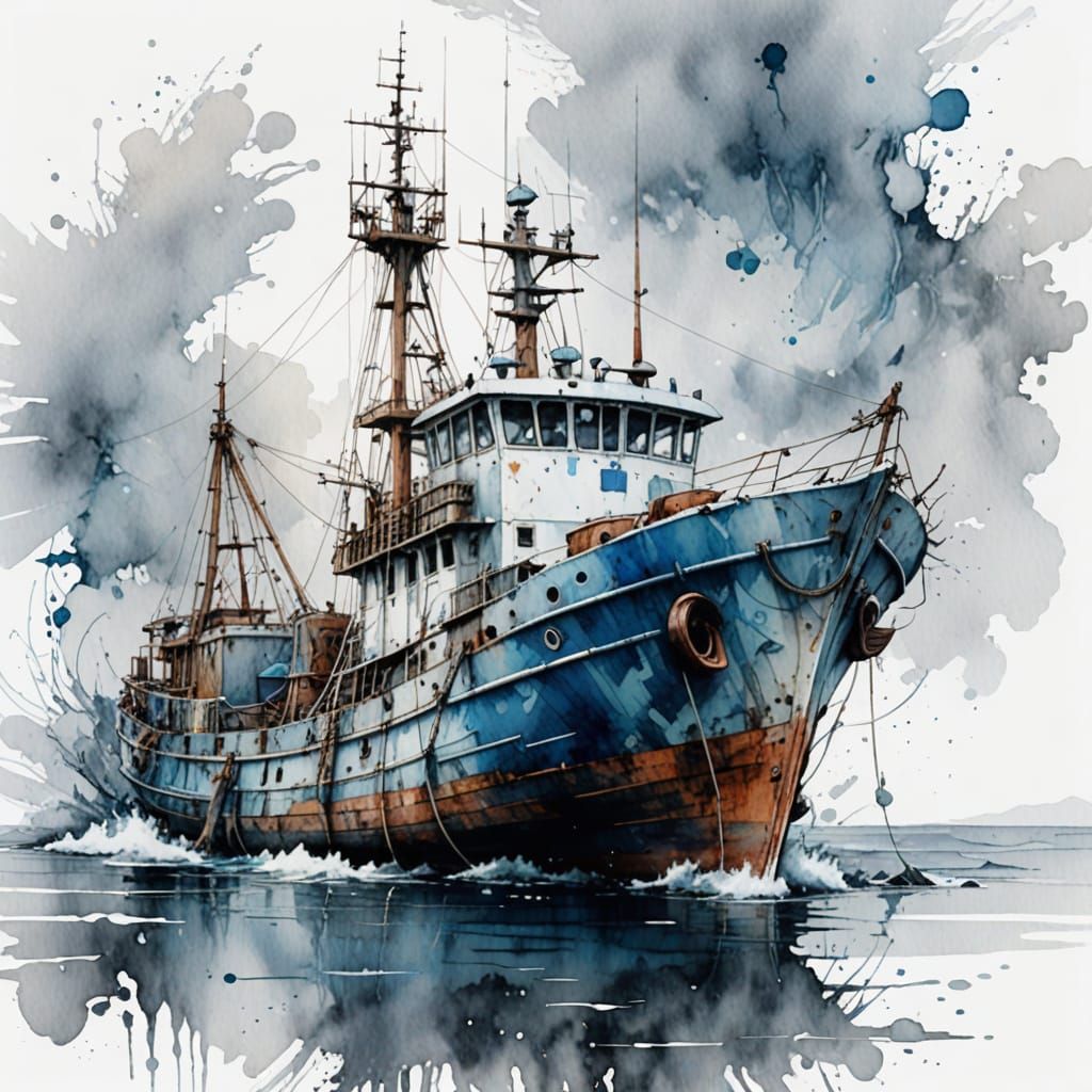 Surreal High Sea Fish Trawler in Dreamy Watercolor
