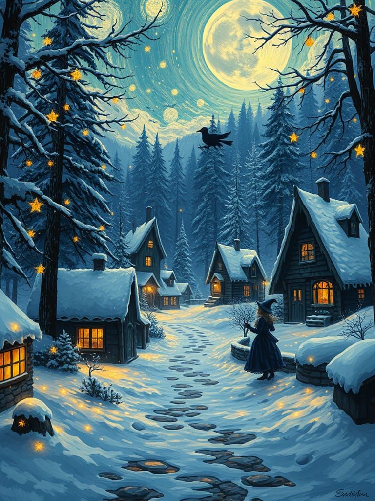 Cozy Snowy Village in Mystical Forest