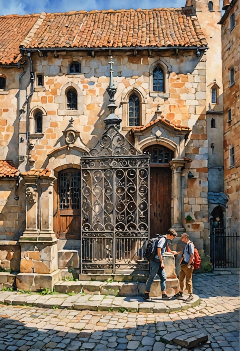 Street Scene with Men near European Church in Watercolour