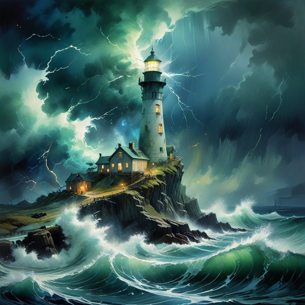 Ethereal Lighthouse in Stormy Waters, Watercolour Art