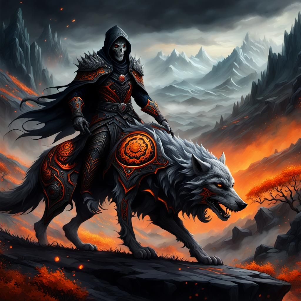 Reaper Death Knight Rides Wolf in Dark Fantasy Landscape
