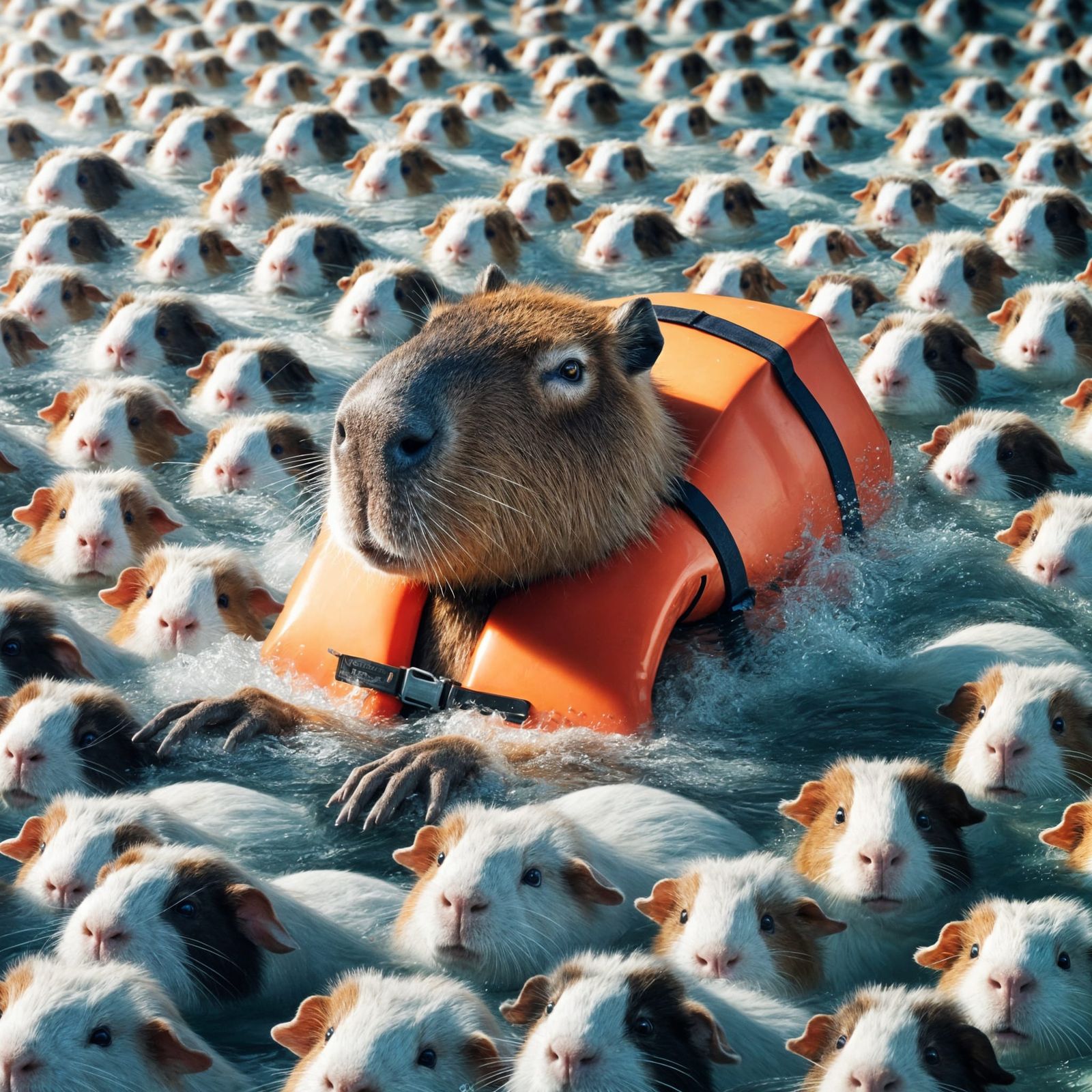 Capybara Swimming in a Guinea Pig Sea