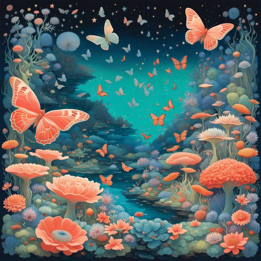 Surreal Floating Islands with Coral Reefs and Flowers