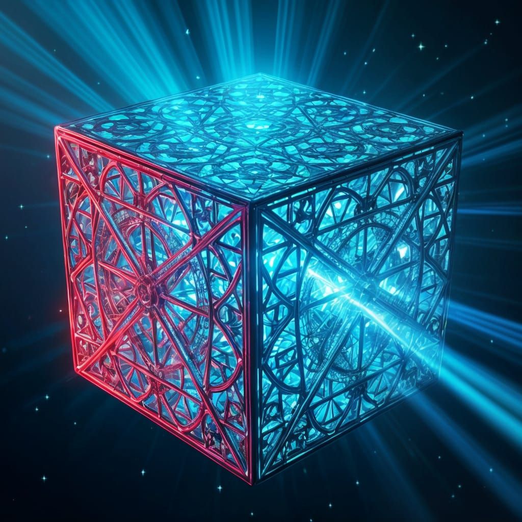 Surreal Hypercube Unfolds in Space with Vibrant Rays