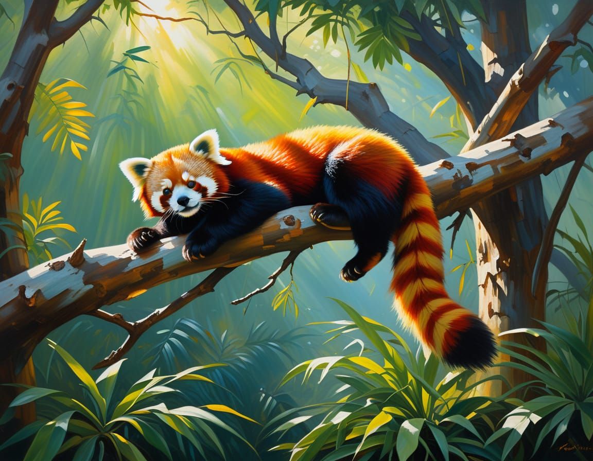 Red Panda Relaxing on Jungle Branch in Sunlight